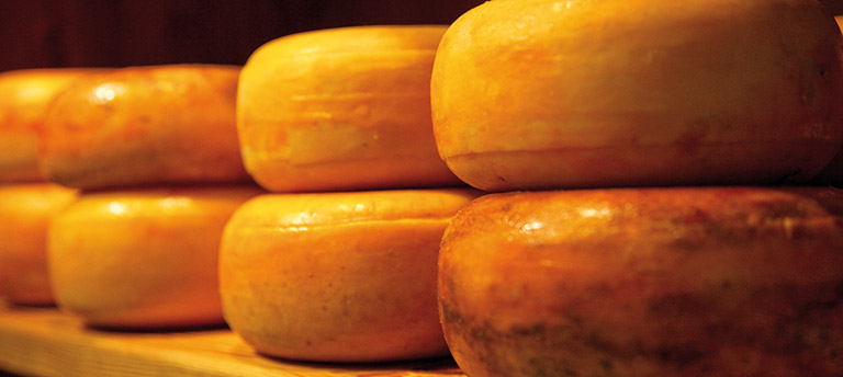 A shelf with wheels of cheese